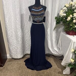 Navy Blue Beaded Top Prom Dress Style 90915 Size 2 Elegant Formal Sherri hill